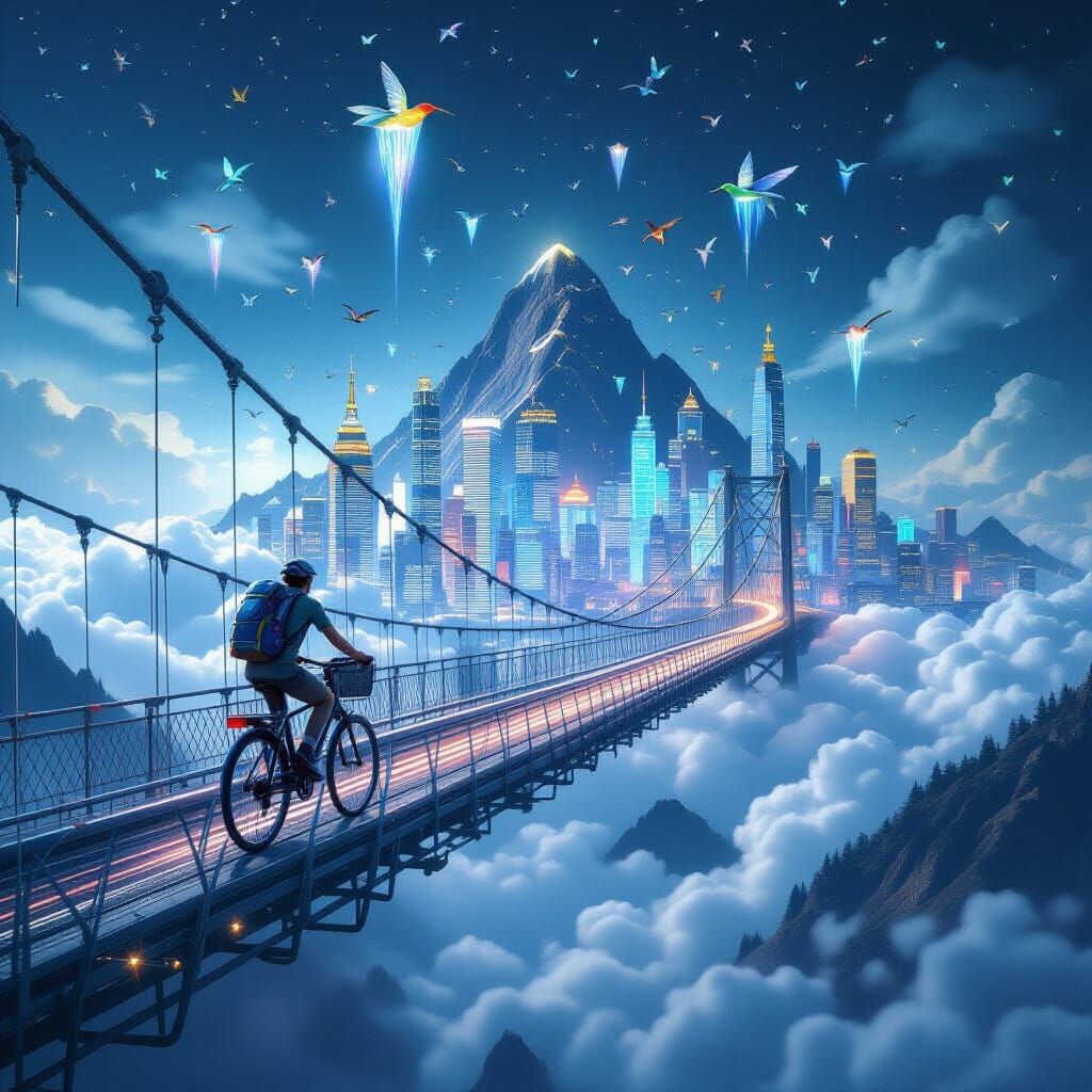 Surreal Cyclist on Shoelace Bridge Above Toy City