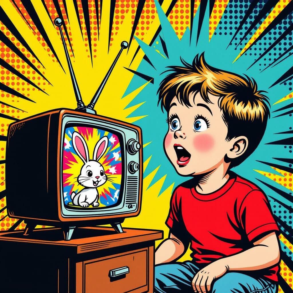 Boy Watches Old TV in Pop Art Comic Style