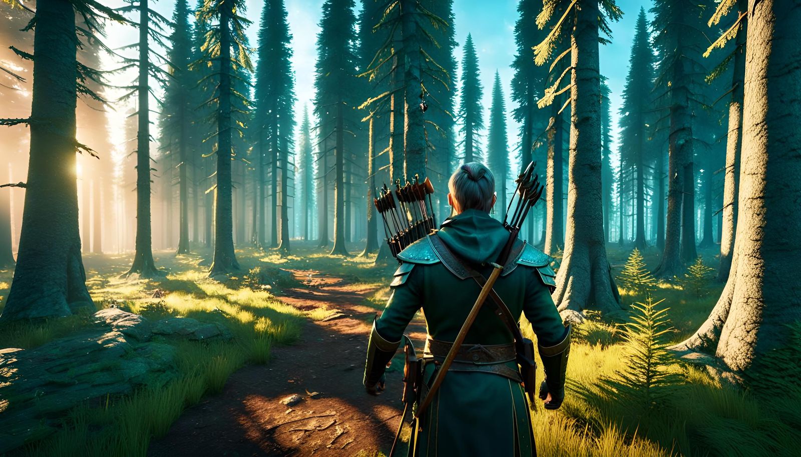 Elven Archer Hunting in Fantasy Spruce Forest