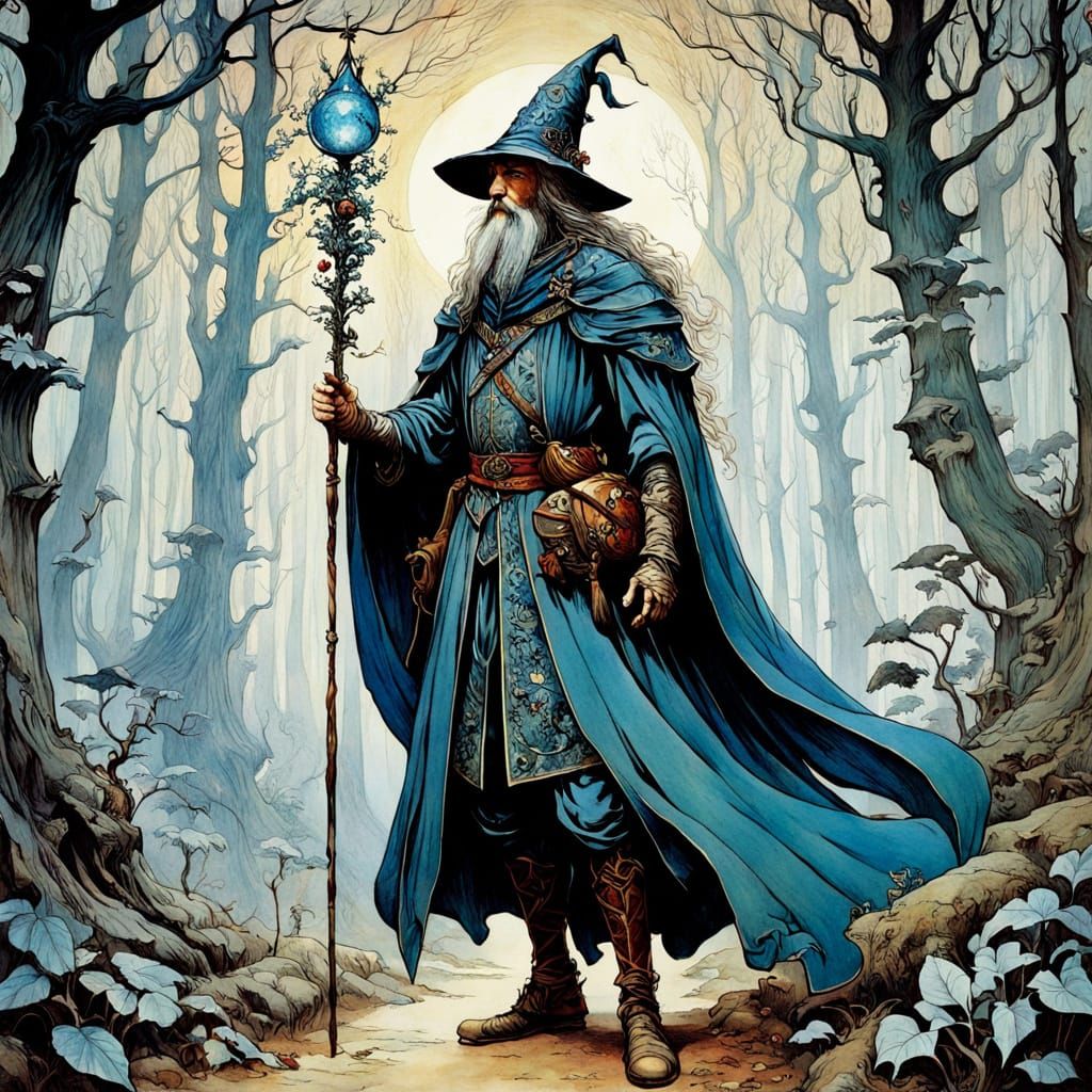 Colorful Medieval Wizard in Dreamlike Forest: Gouache Surrea...