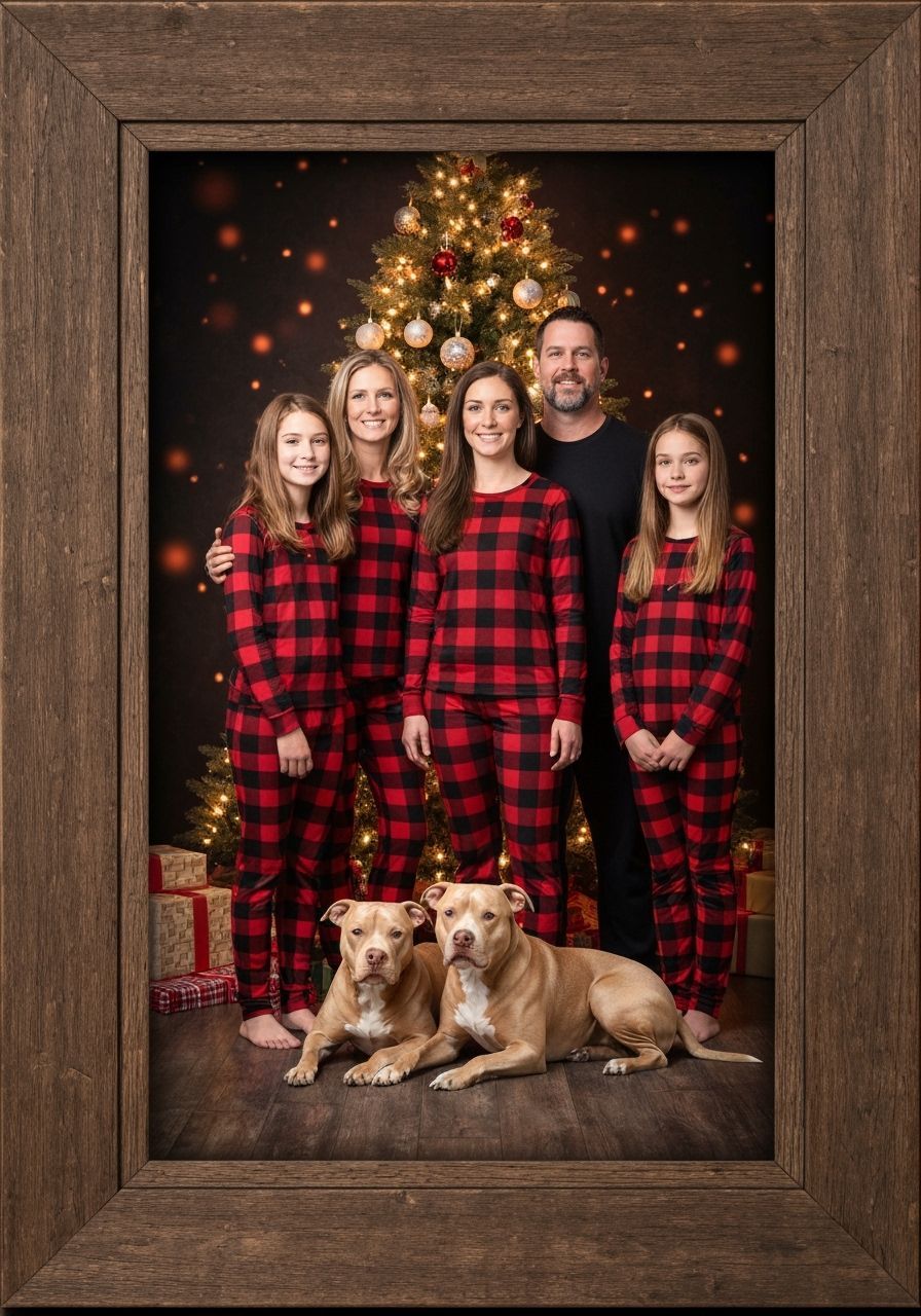 Family Christmas Photo with Dogs in Buffalo Plaid Pajamas