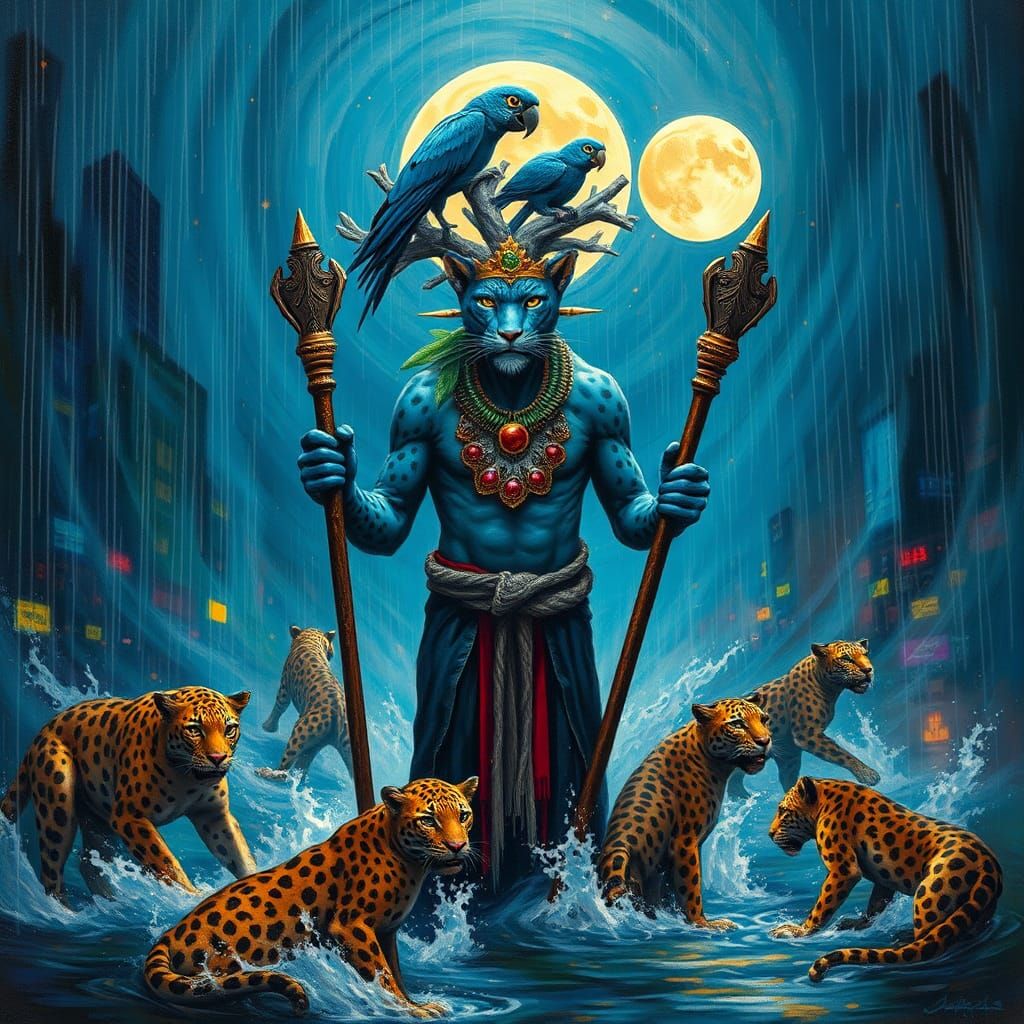 Mystical Leopard Shaman in Flooded City, Surreal Art