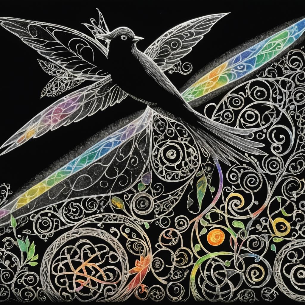 Surreal Celtic Fairy Bird Plane in Childlike Drawing Style