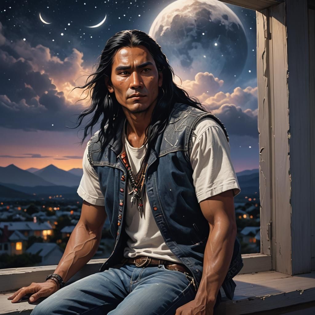Native American Man Stares at Starry Night Sky