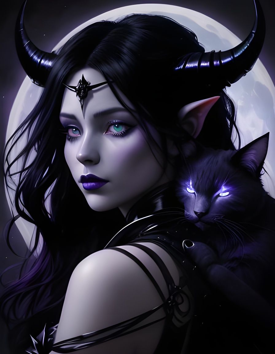 Tiefling Woman Portrait with Blue Flame Cat