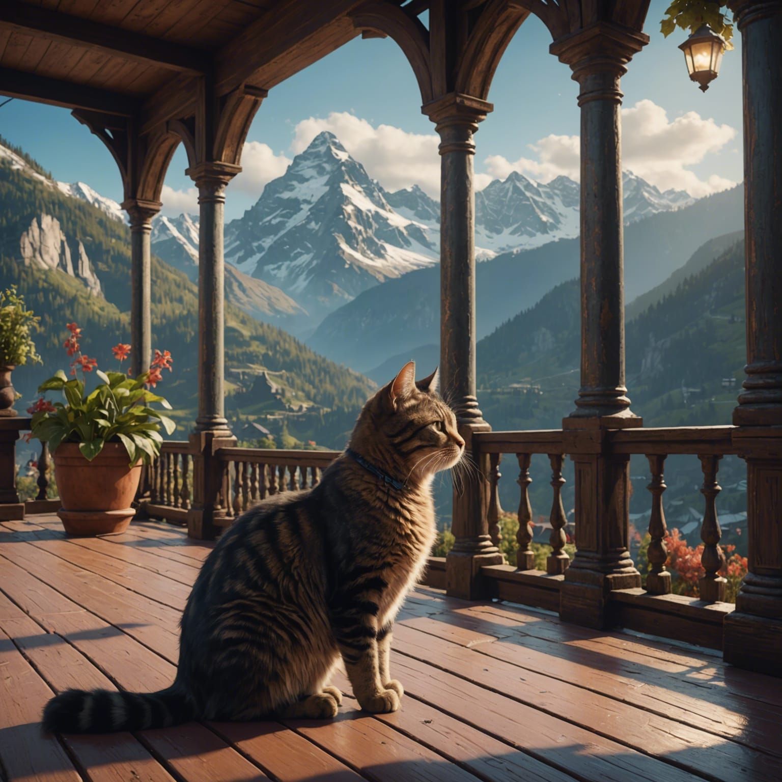 Cat Contemplates Mountain View in Detailed Matte Painting