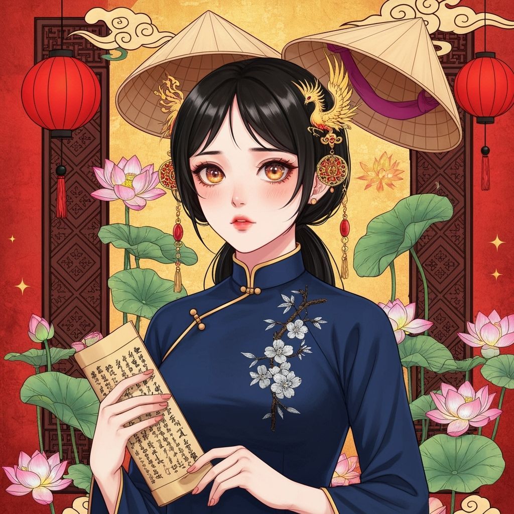 Vietnamese Pop Surrealism: Melancholic Woman with Ancient Sc...