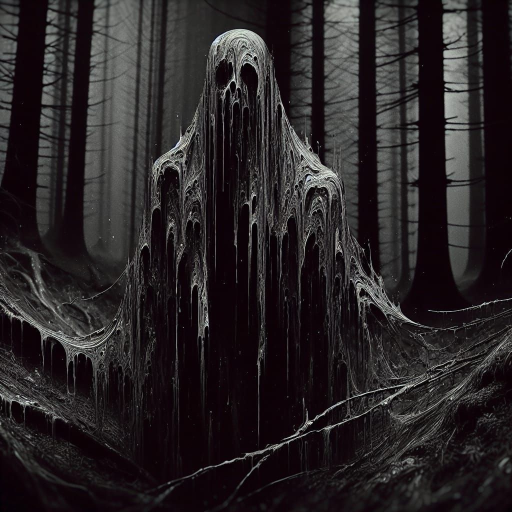 Eerie Phantom in Dark Forest as Drip Art