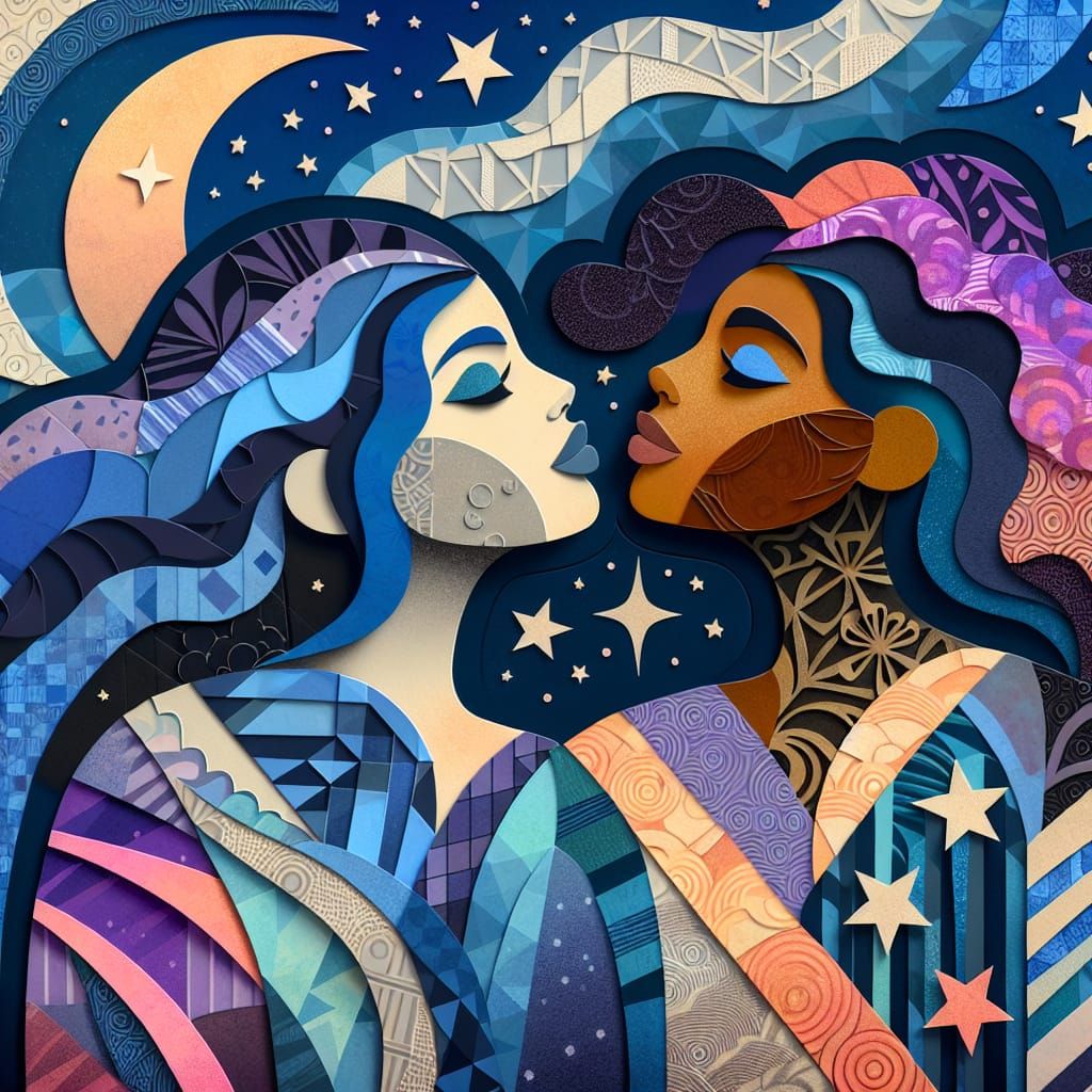 Neocubist Papercraft Portrait of a Lesbian Couple