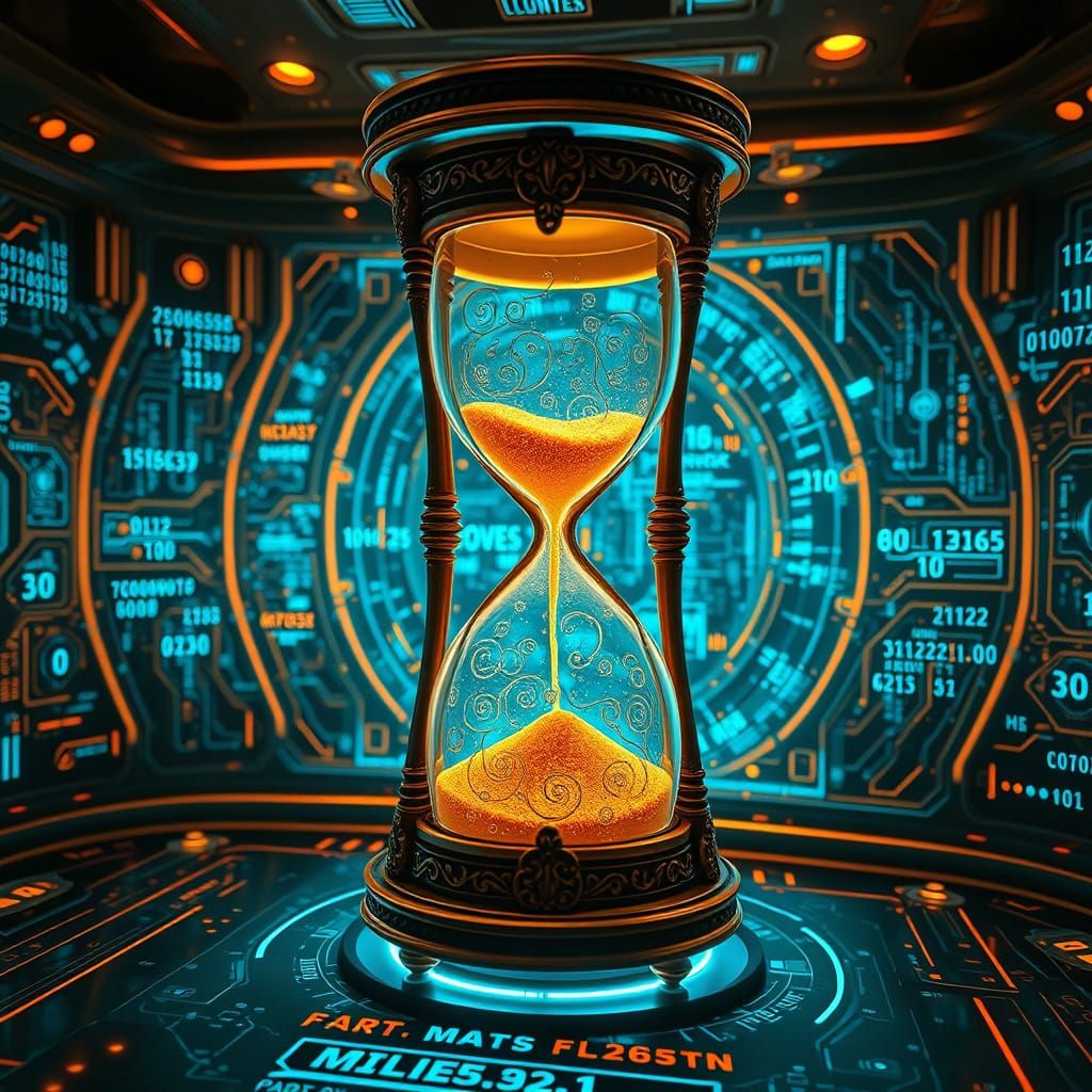 Surreal, Retro-Futuristic Hourglass Glows in Neon-Lit Digita...