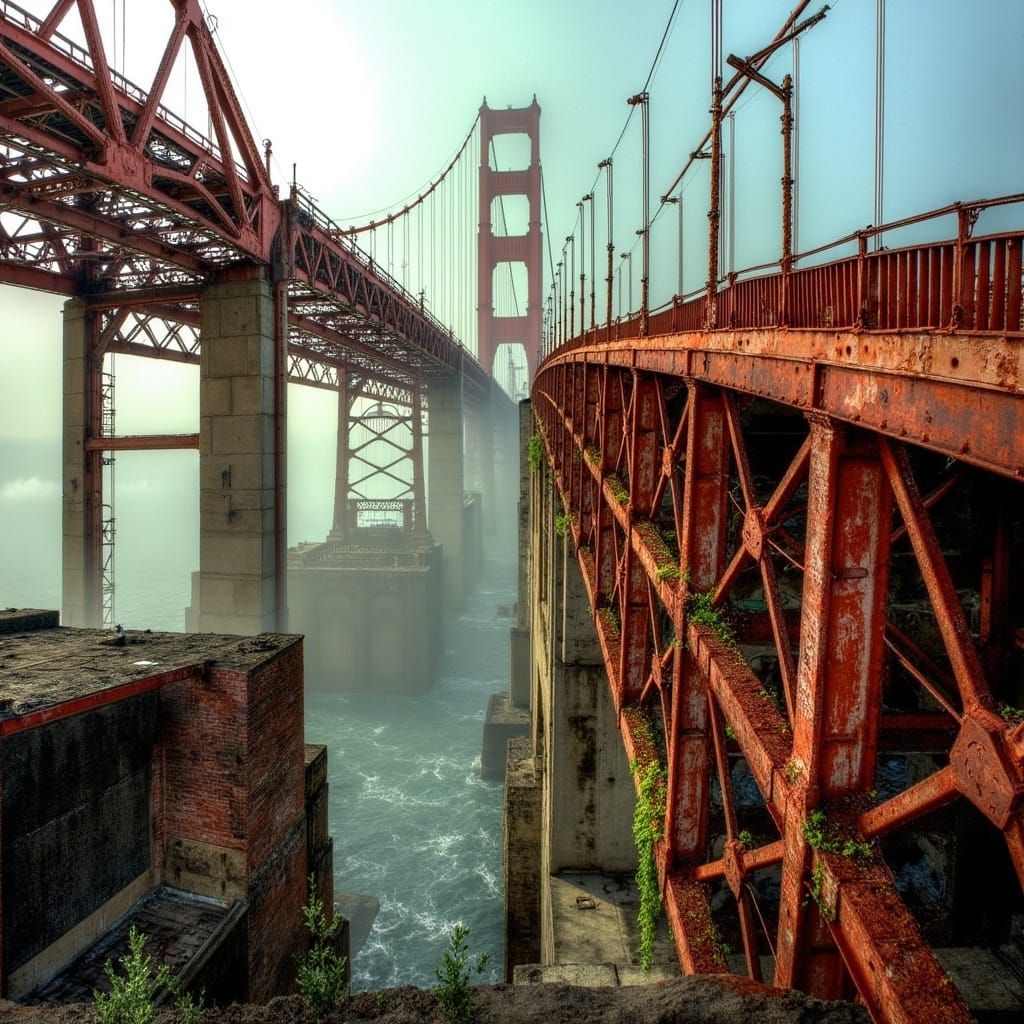 Decaying Golden Gate Bridge in Surreal Dystopian Style