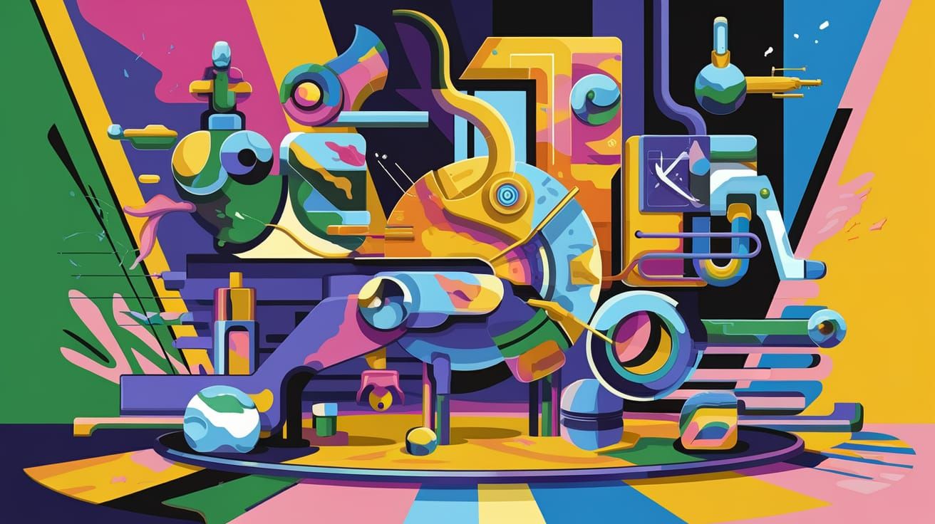 Colorful Futuristic Rube Goldberg Machine in Hyperreality St...