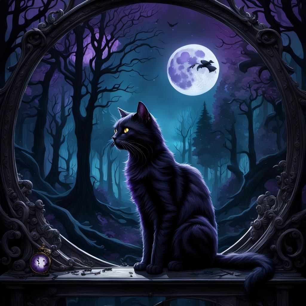 Mystical Black Cat in Dark Fantasy Art
