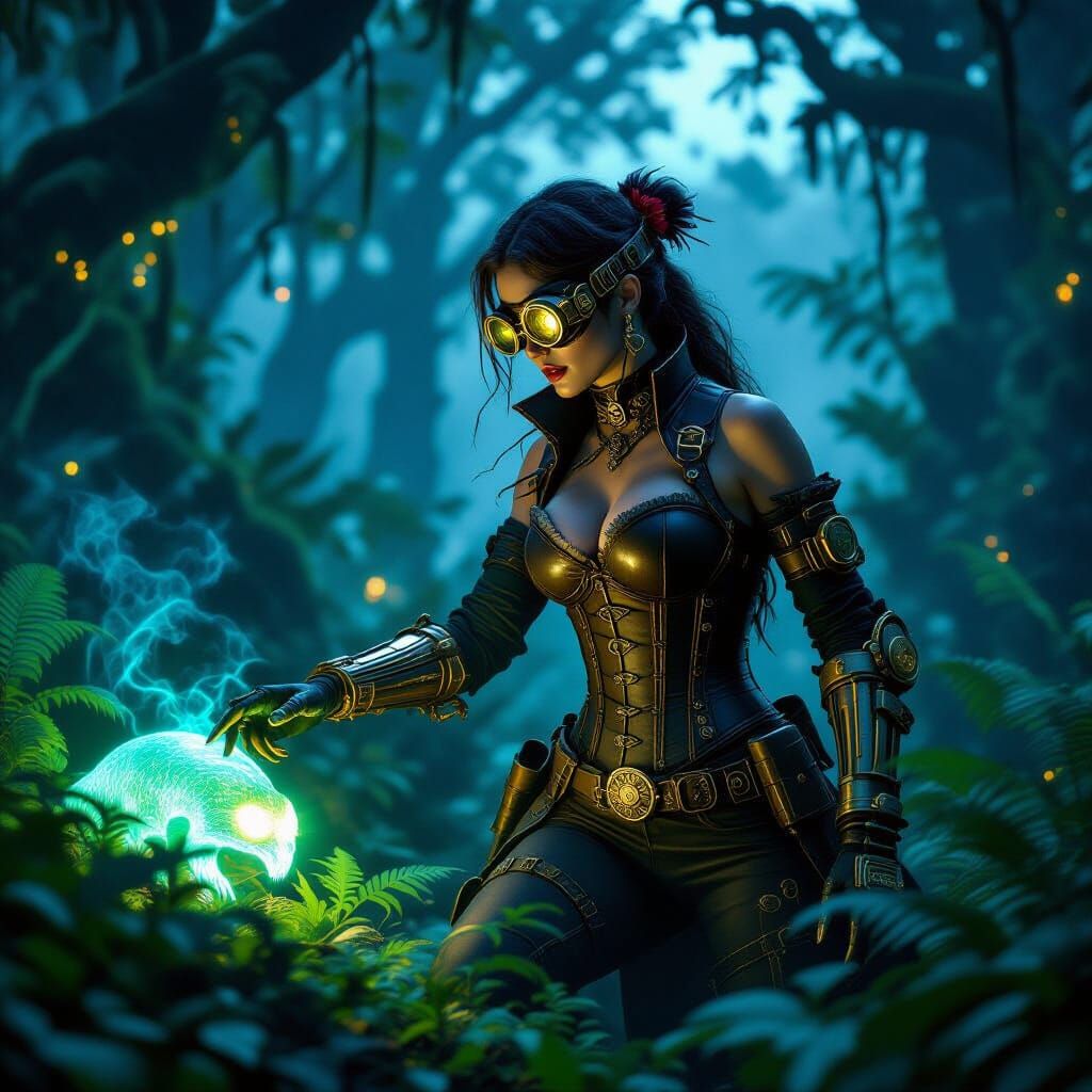 Steampunk Hunter Tracks Bioluminescent Creature in Ancient F...