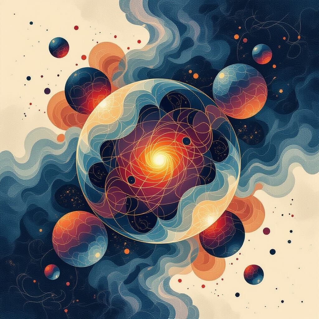 Abstract Orbs with Phosphorescent Light in Chinese Ink Style