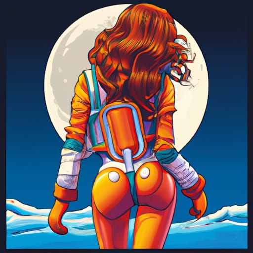 Woman in Spacesuit at Moonset in Retro Wave