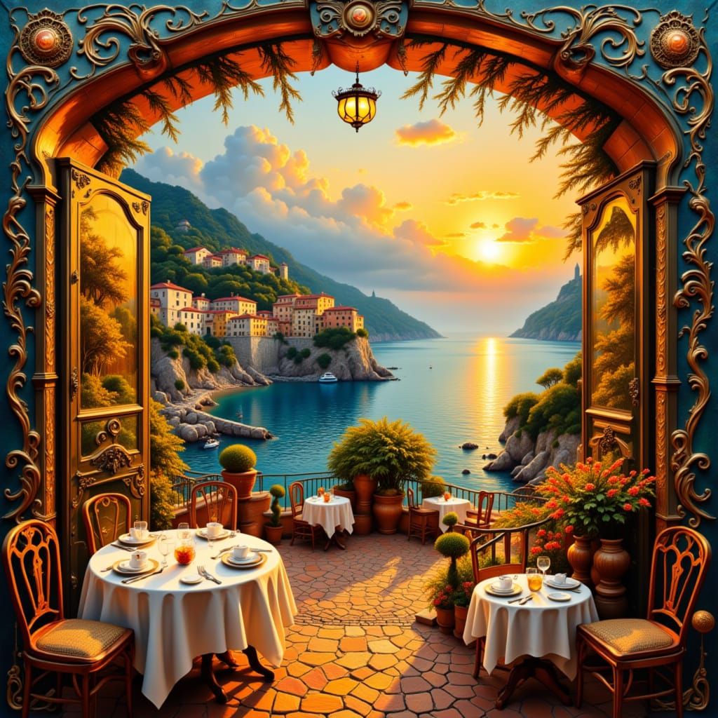 <lora:Fantastique:1.0> Mediterranean Coastal Scene. sunlit terrace, stone path, seaside town where warm colors and calm ...