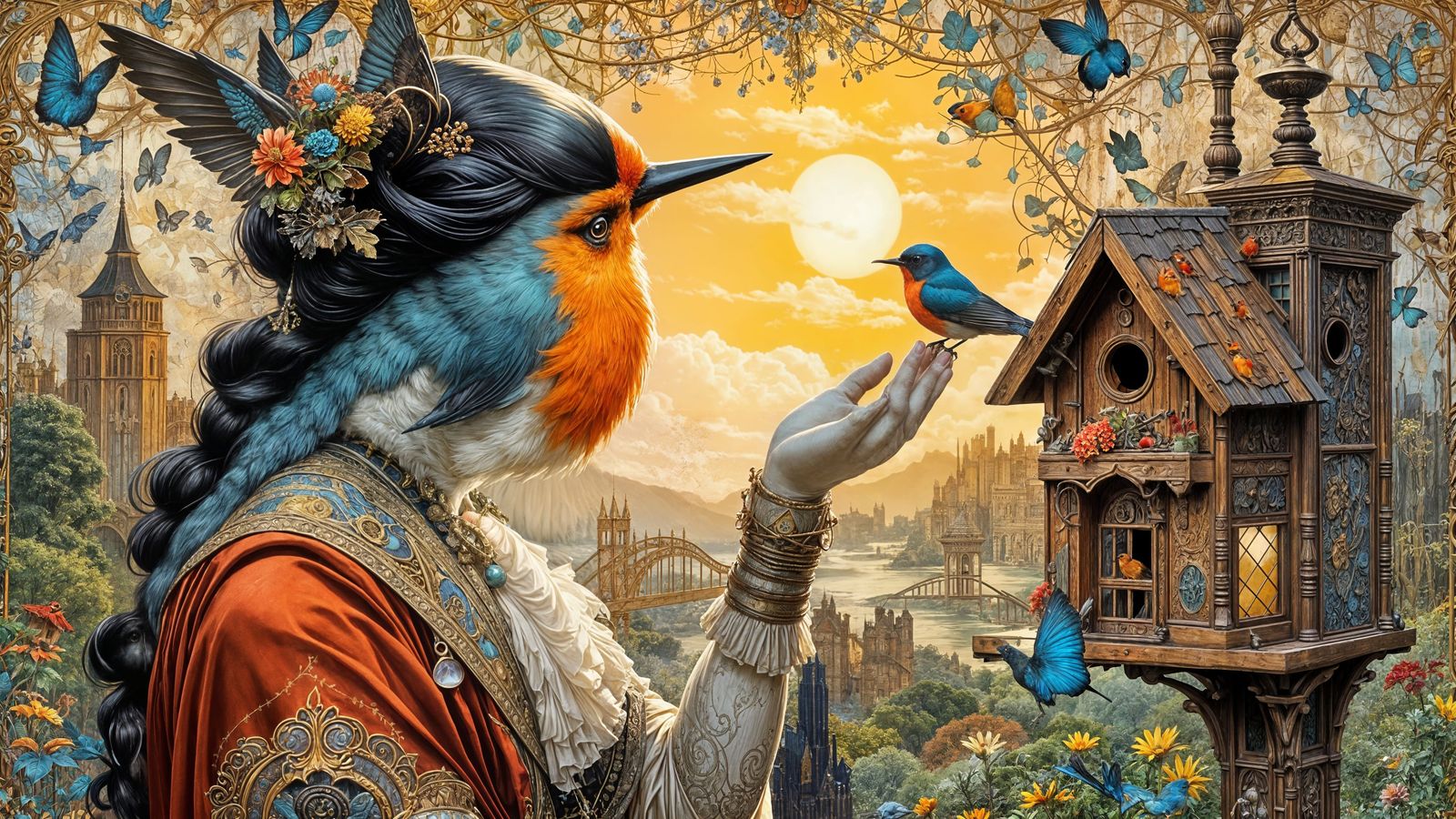 Proud Robin with Art Nouveau Birdhouse