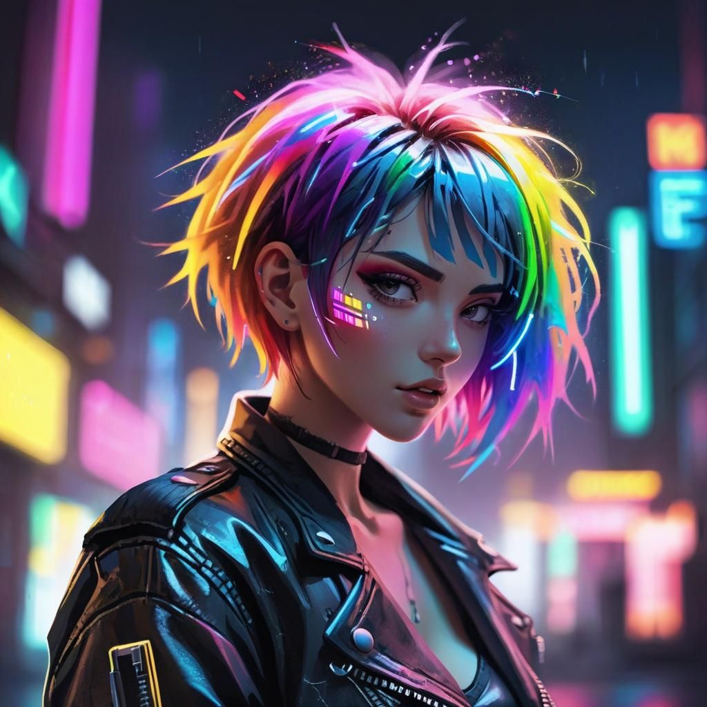 Neon Cyberpunk Woman Portrait in Anime Style