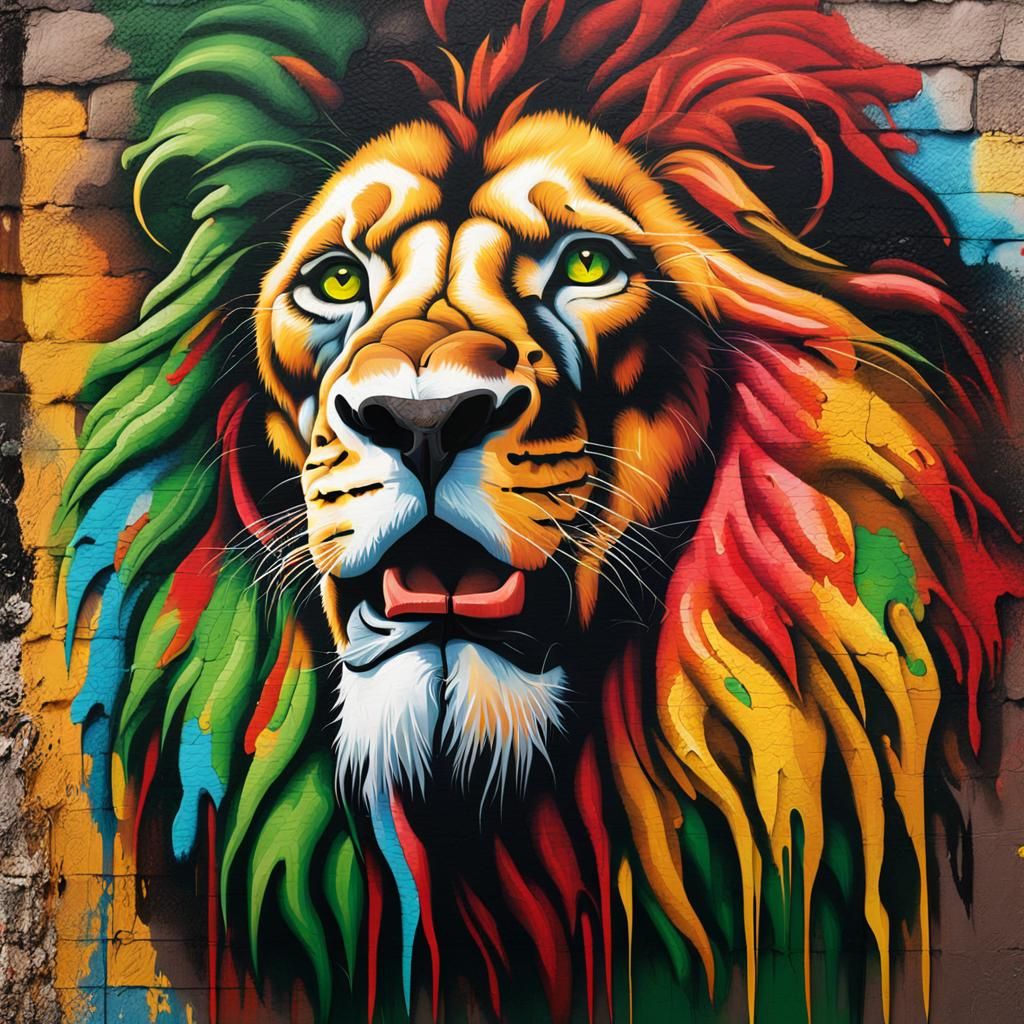 Hyperrealistic Graffiti of Reggae Lion on Jamaican Wall