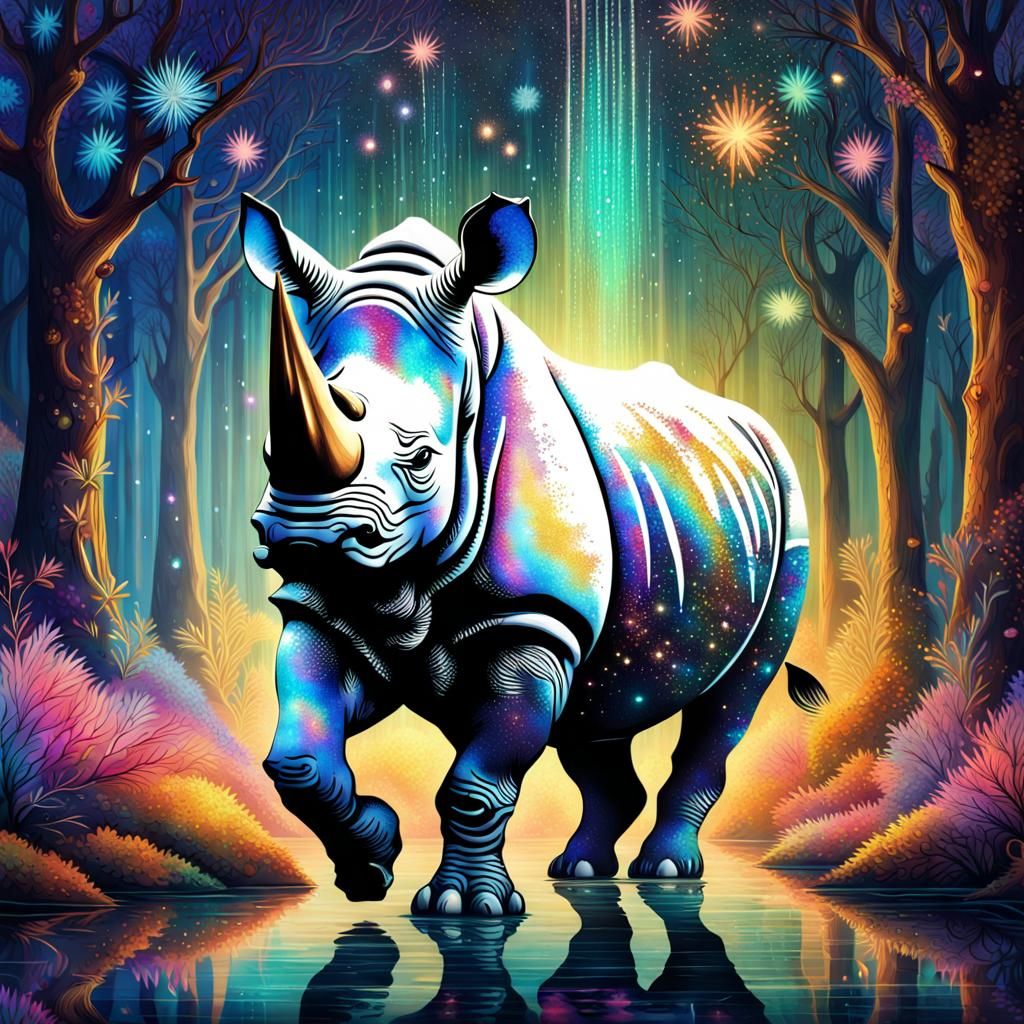 Dreamcore Rhino in Bioluminescent Forest
