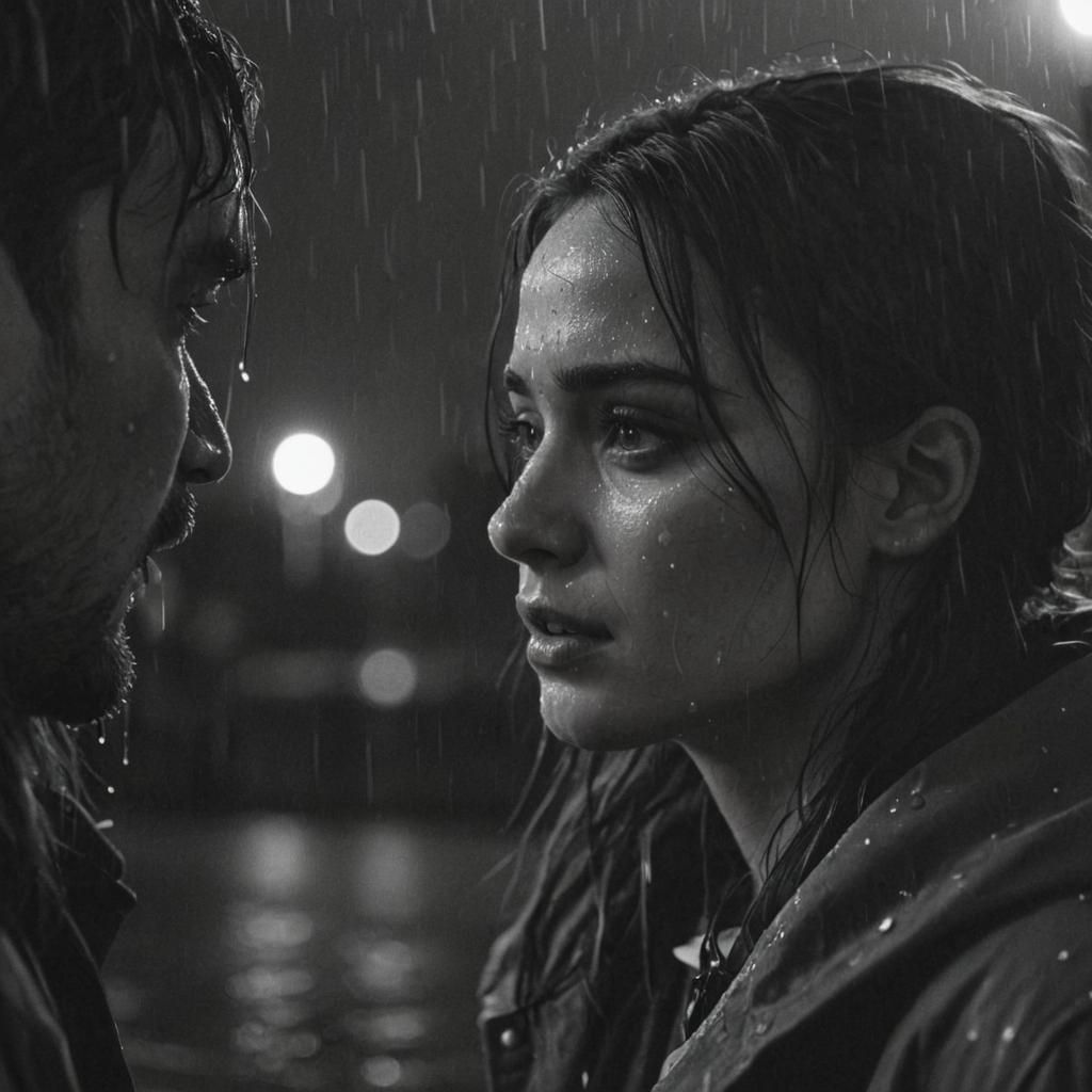 Emotional Grayscale Cityscape: Girl and Man in Rain