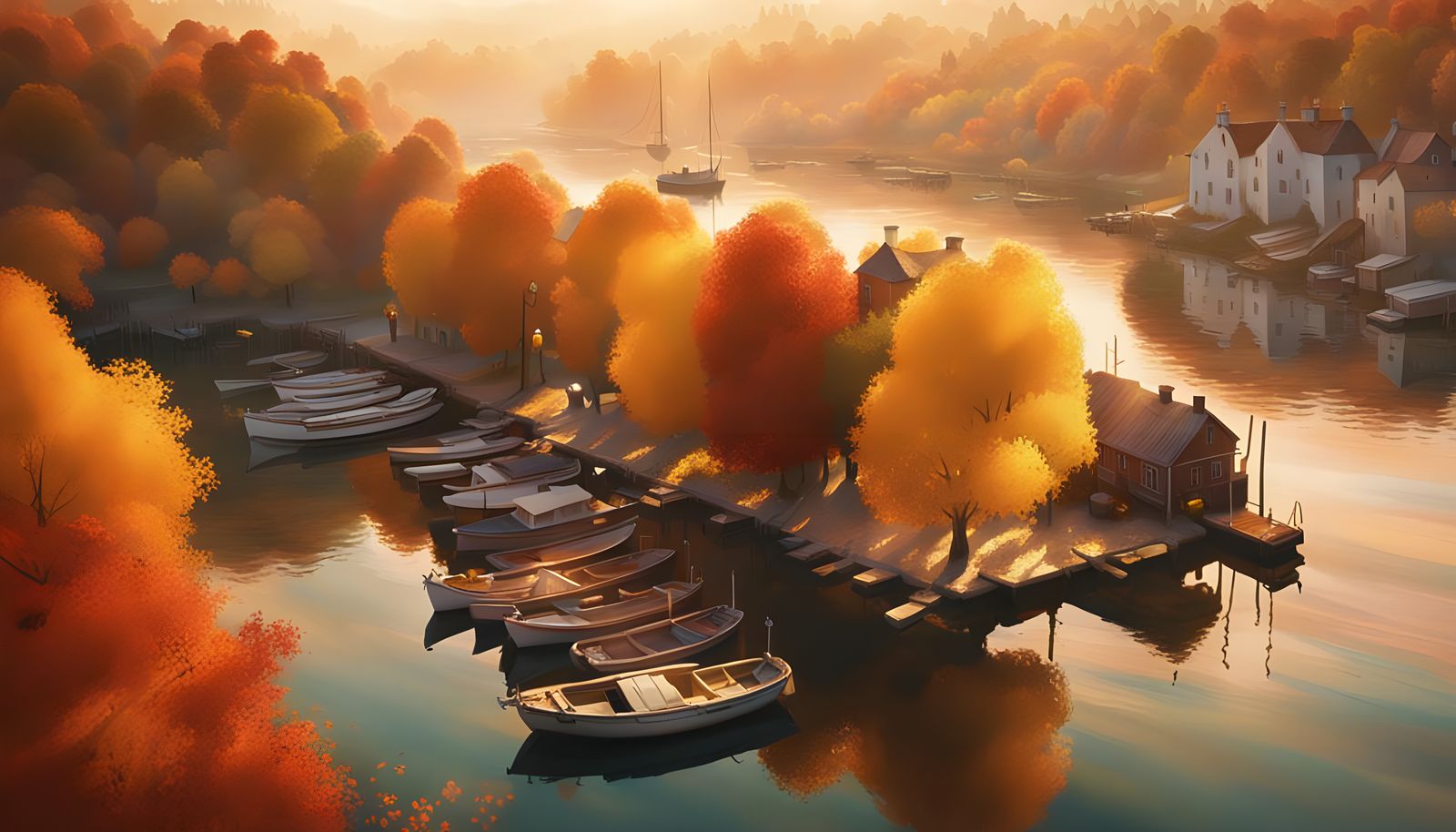 Fantasy Autumn Harbor at Sunset