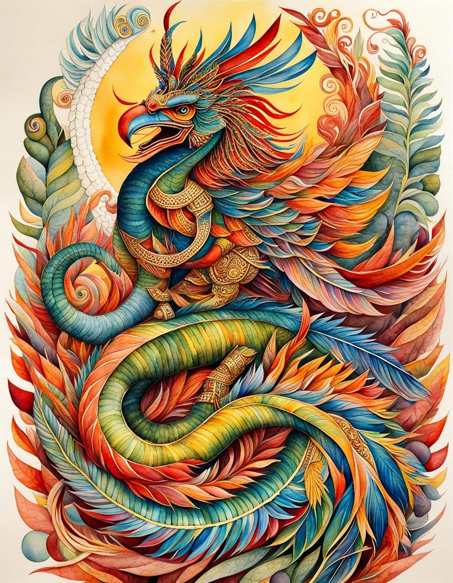 Quetzalcoatl Illustration in Watercolor and Ink