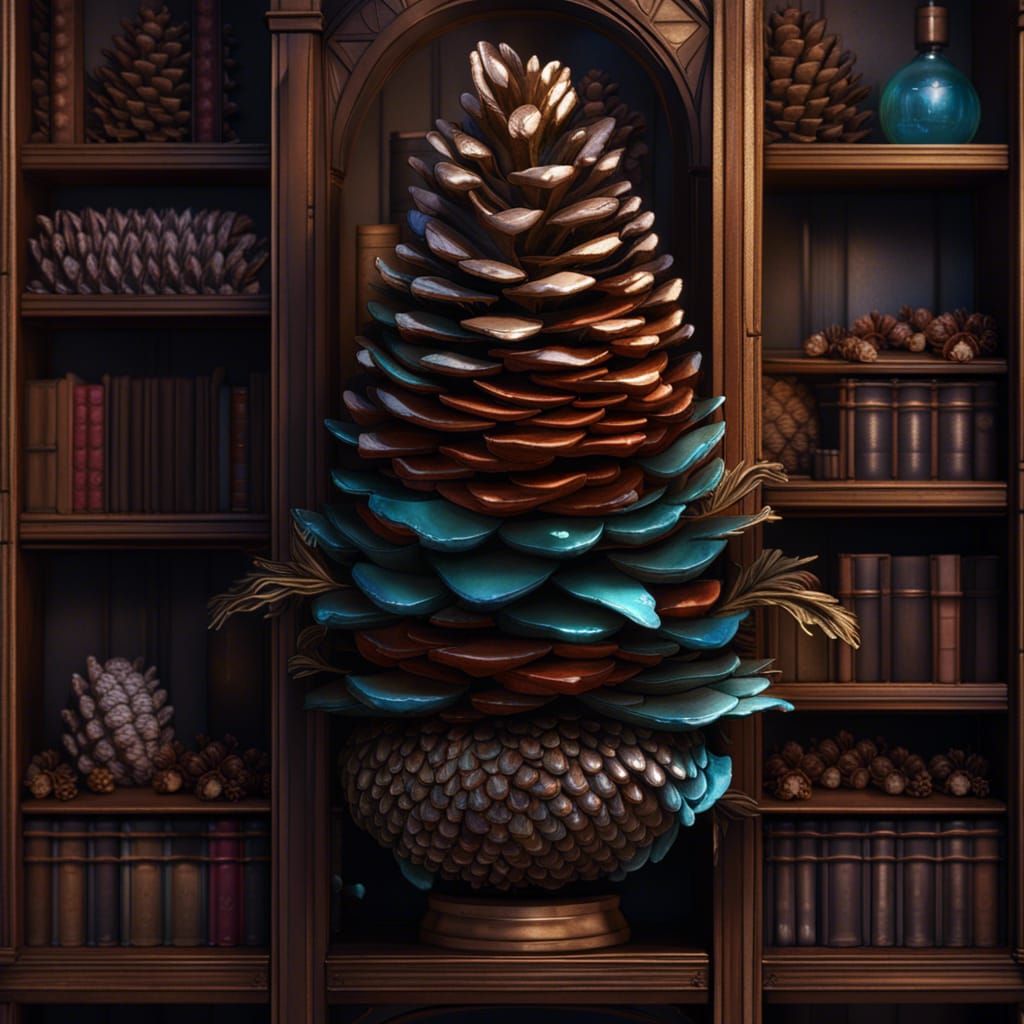 Fantastical Pinecone Bookcase in Detailed Matte Painting