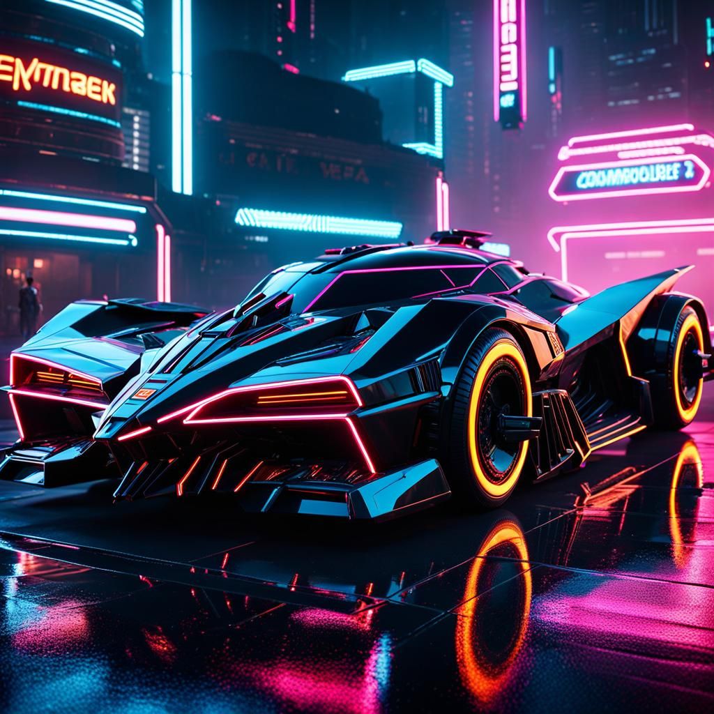 Batmobile, cyberpunk 2099 blade runner 2049 neon intricate mech details, ground level shot, 8K resolution, Cinema 4D, B...