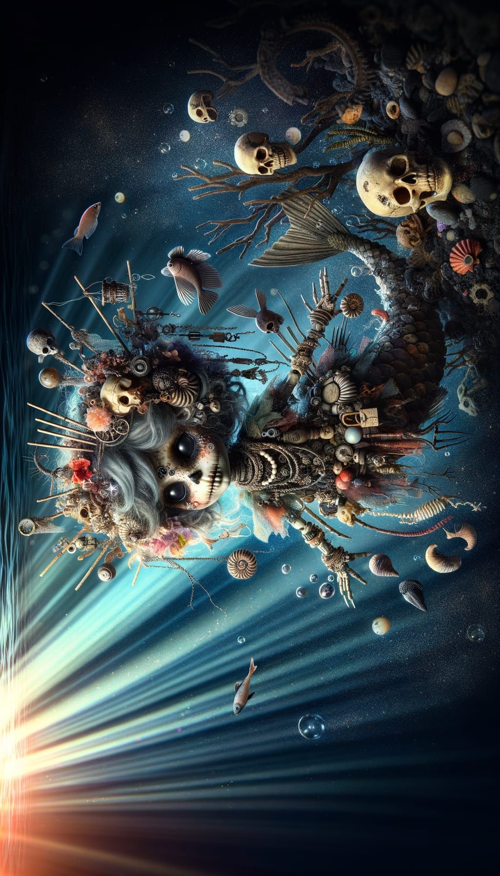 Sinister Mermaid with Skulls in Deep Ocean