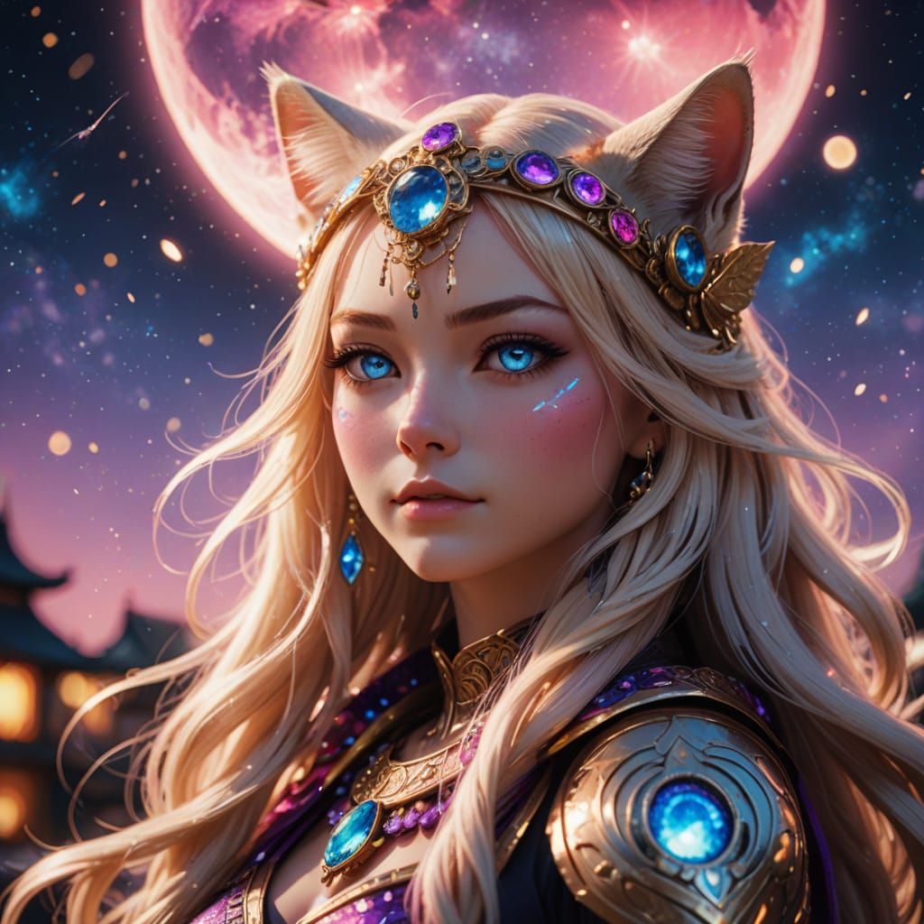 Goddess Neko with Vibrant Galaxy Hair and Wings