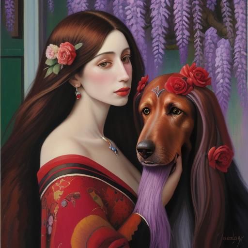 Afghan Hound Portrait with Wisteria in Oil