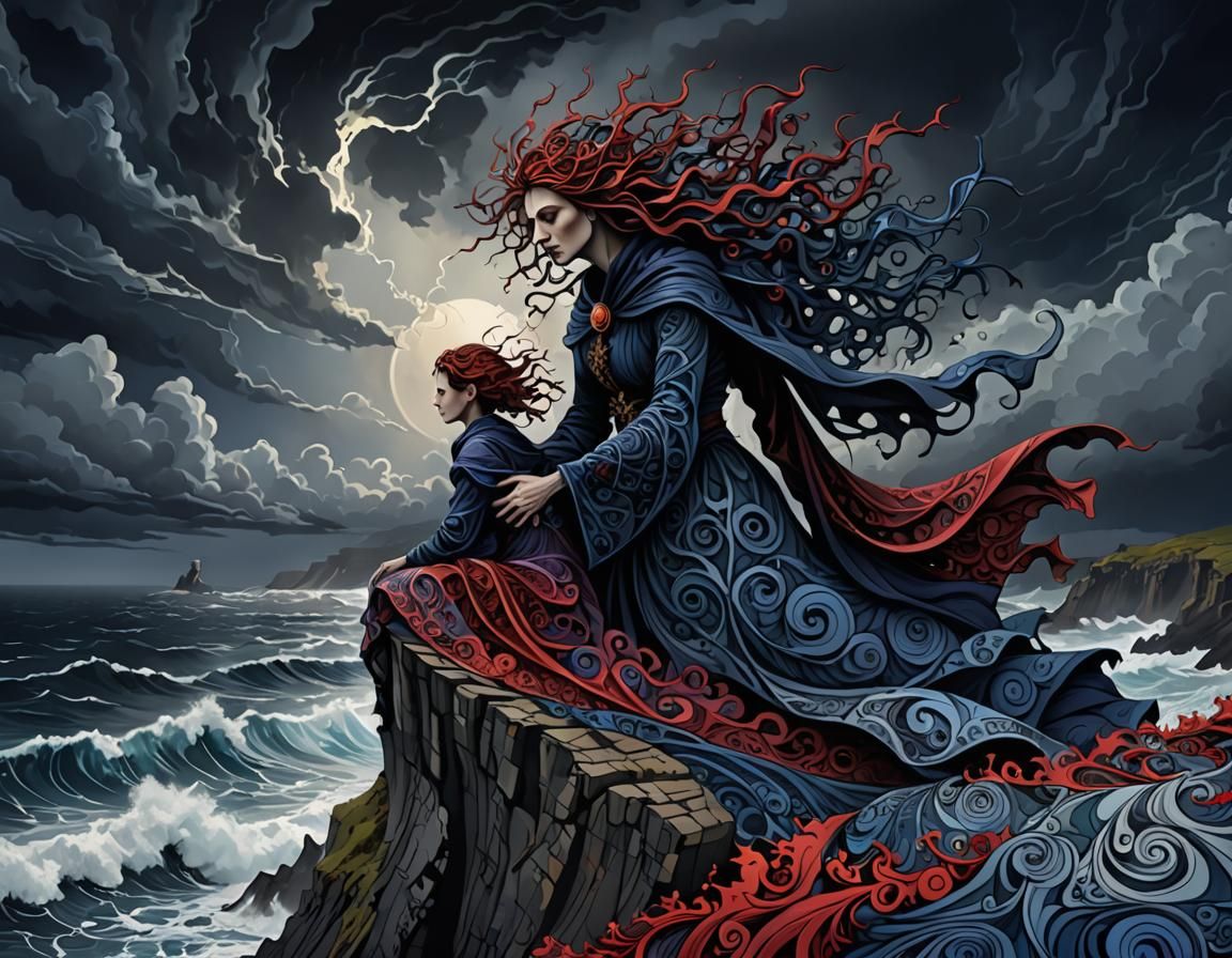 Witch and King Embrace on Stormy Cliff