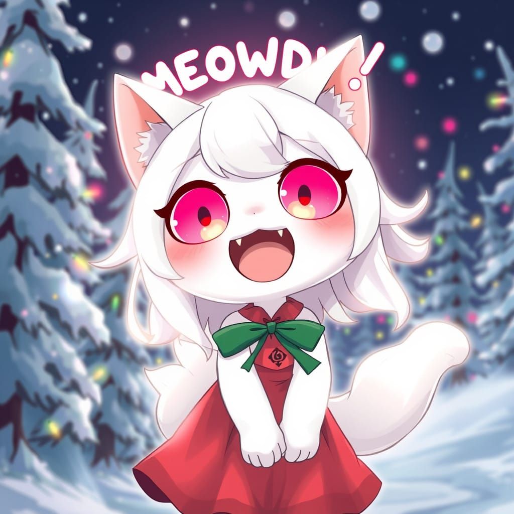 Adorable Anime Catgirl Spreads Joy in Snowy Pine Forest