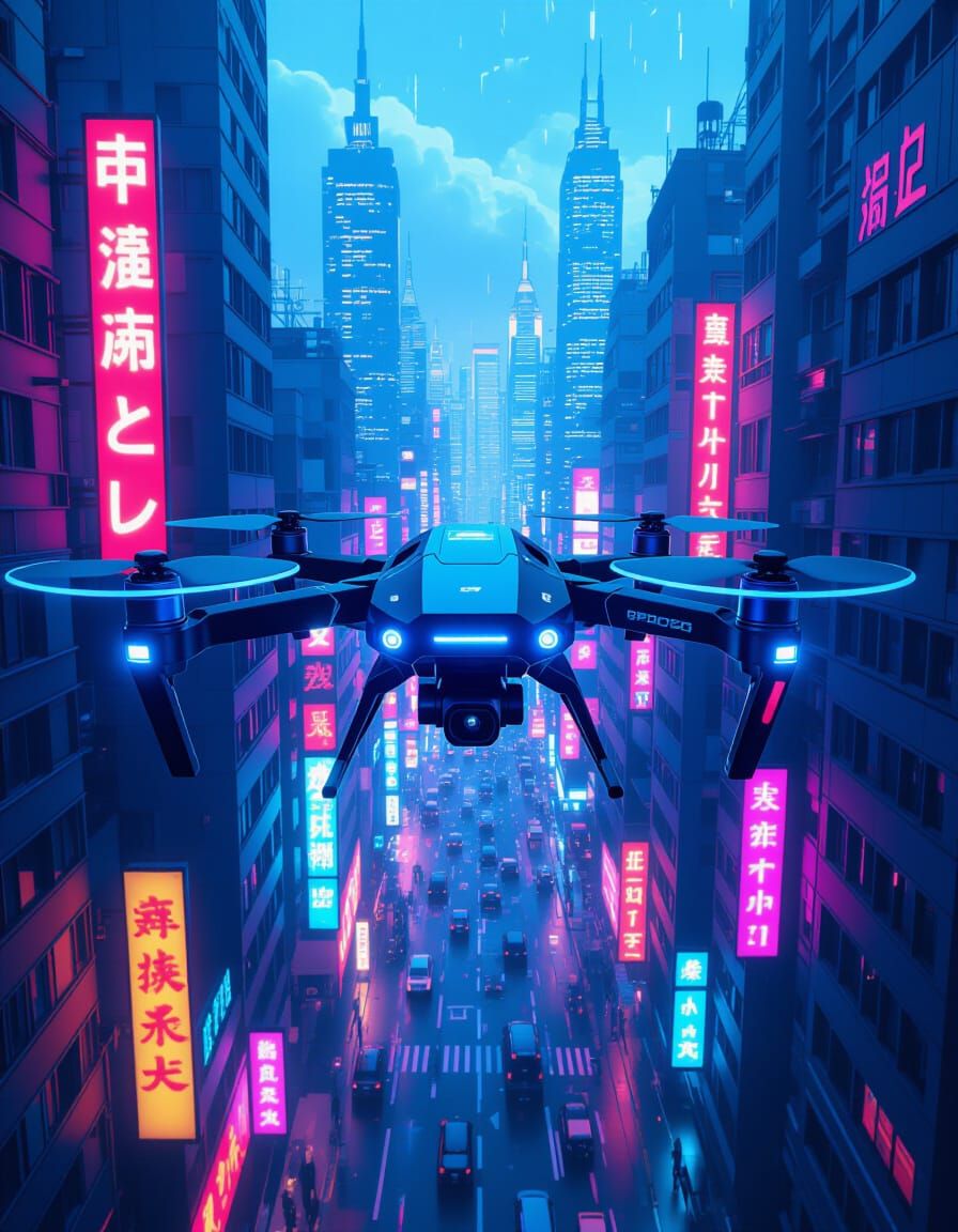Futuristic Camera Drone Soars Through Cyberpunk Cityscape