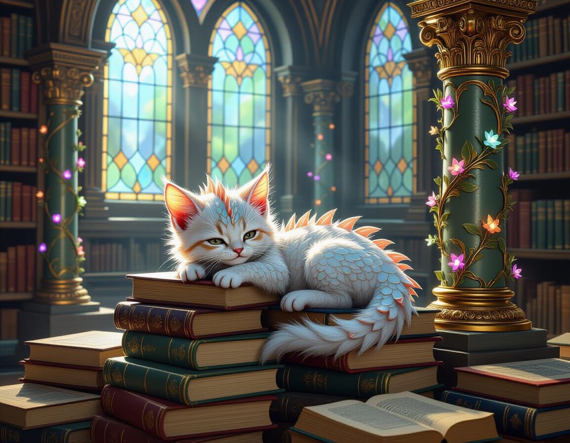Baby Dragon-Cat Curls Up on Books in Magical Library
