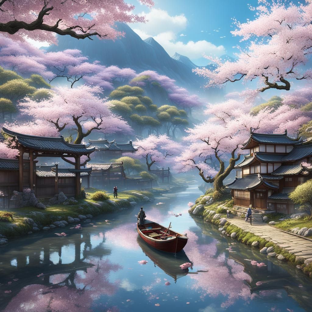 Japanese Spring: Cherry Blossoms and Brook in Fantasy Art