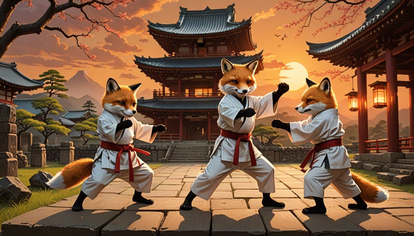 Fox Karate Lesson in Ancient Japanese Temple