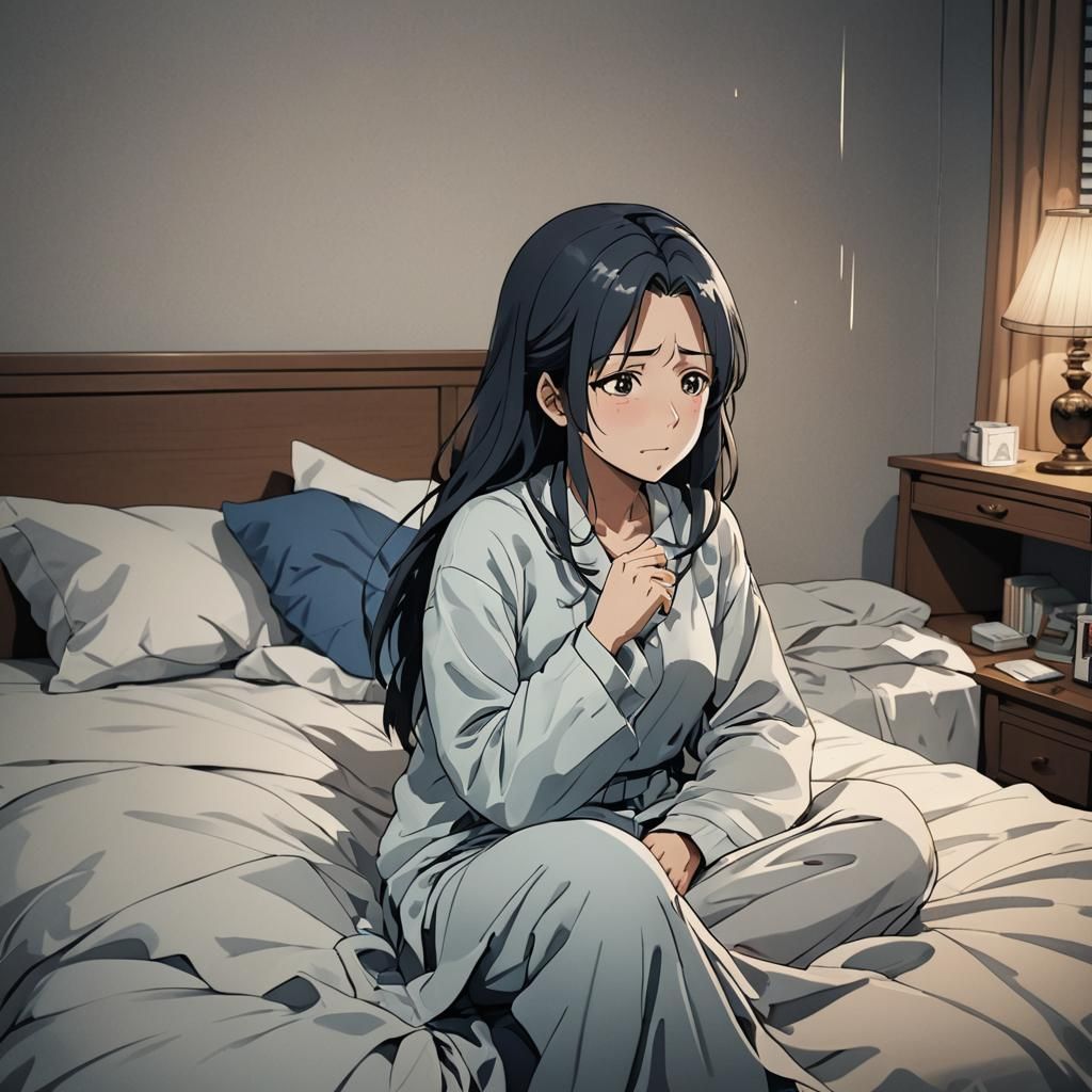 Sad Woman in Bed: Anime Style Illustration