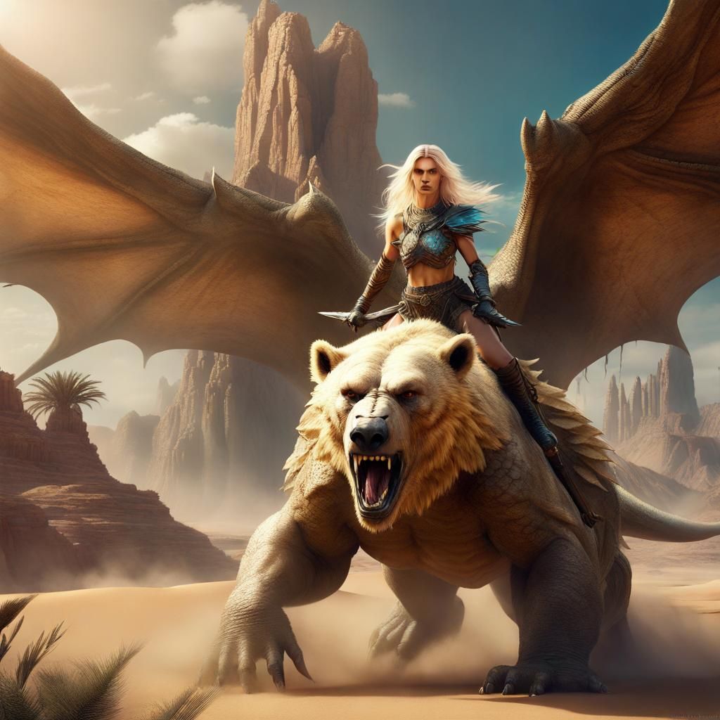 Fantasy Princess Rides a Giant Bear Creature
