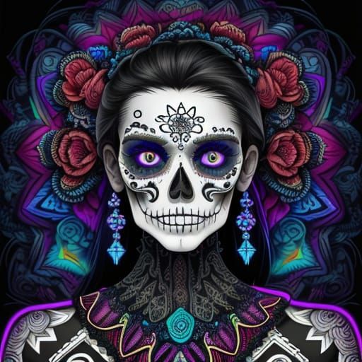 Vibrant Day of the Dead Skull Portrait in Psychedelic Style