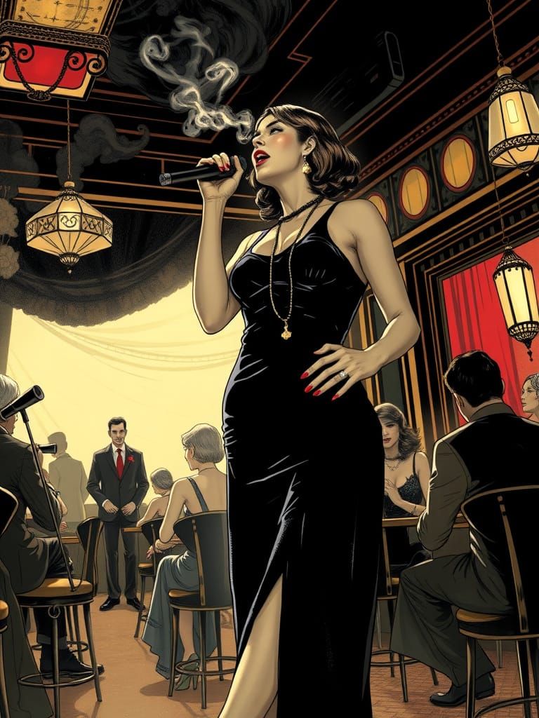 Jazz Singer in Art Deco Club, Graphic Novel Style