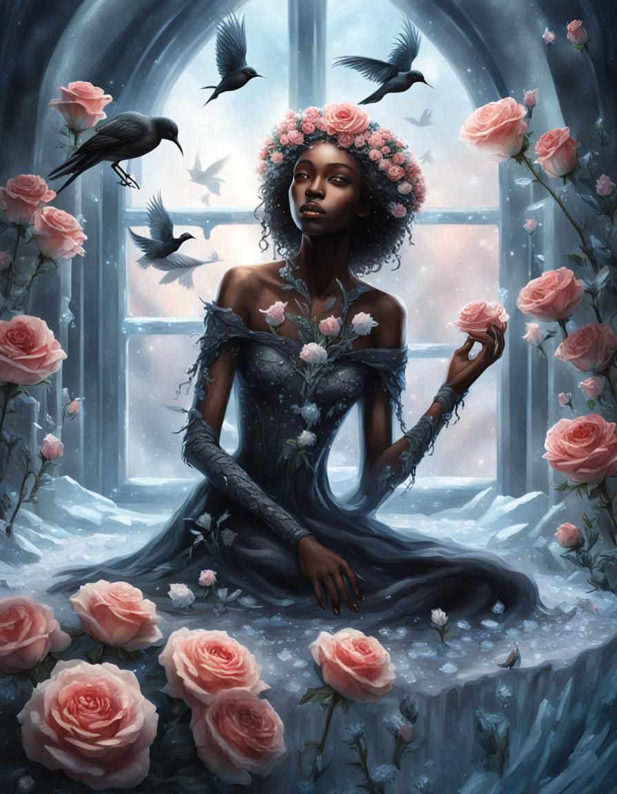 Ice Elf with Magic Roses, Hyperrealistic Portrait
