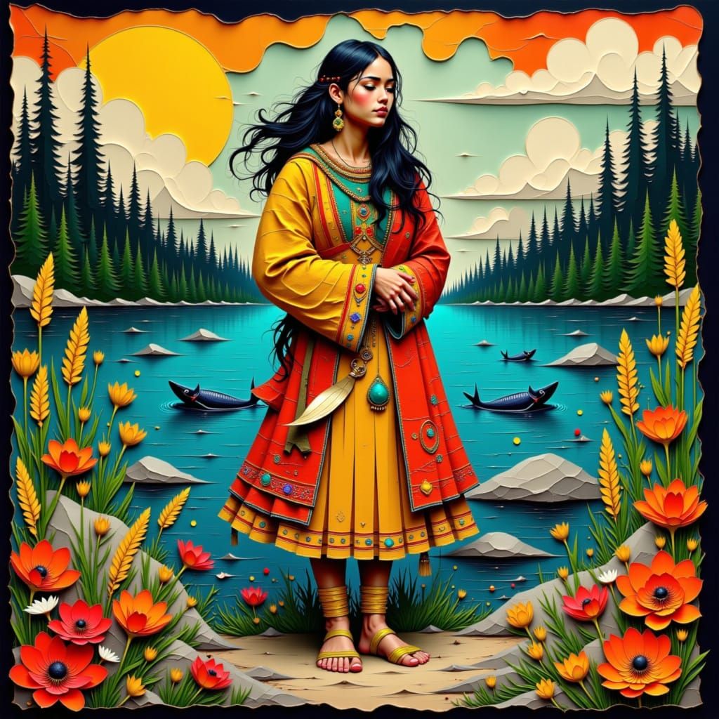 Anishinaabe Woman in Traditional Regalia by Great Lake