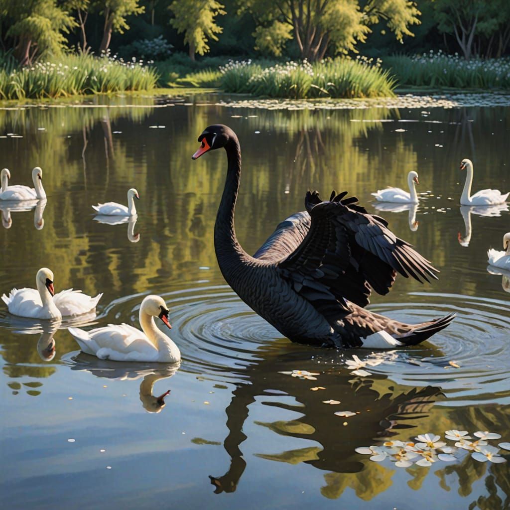 Rebel Black Swan Takes Flight in Impressionist Masterpiece