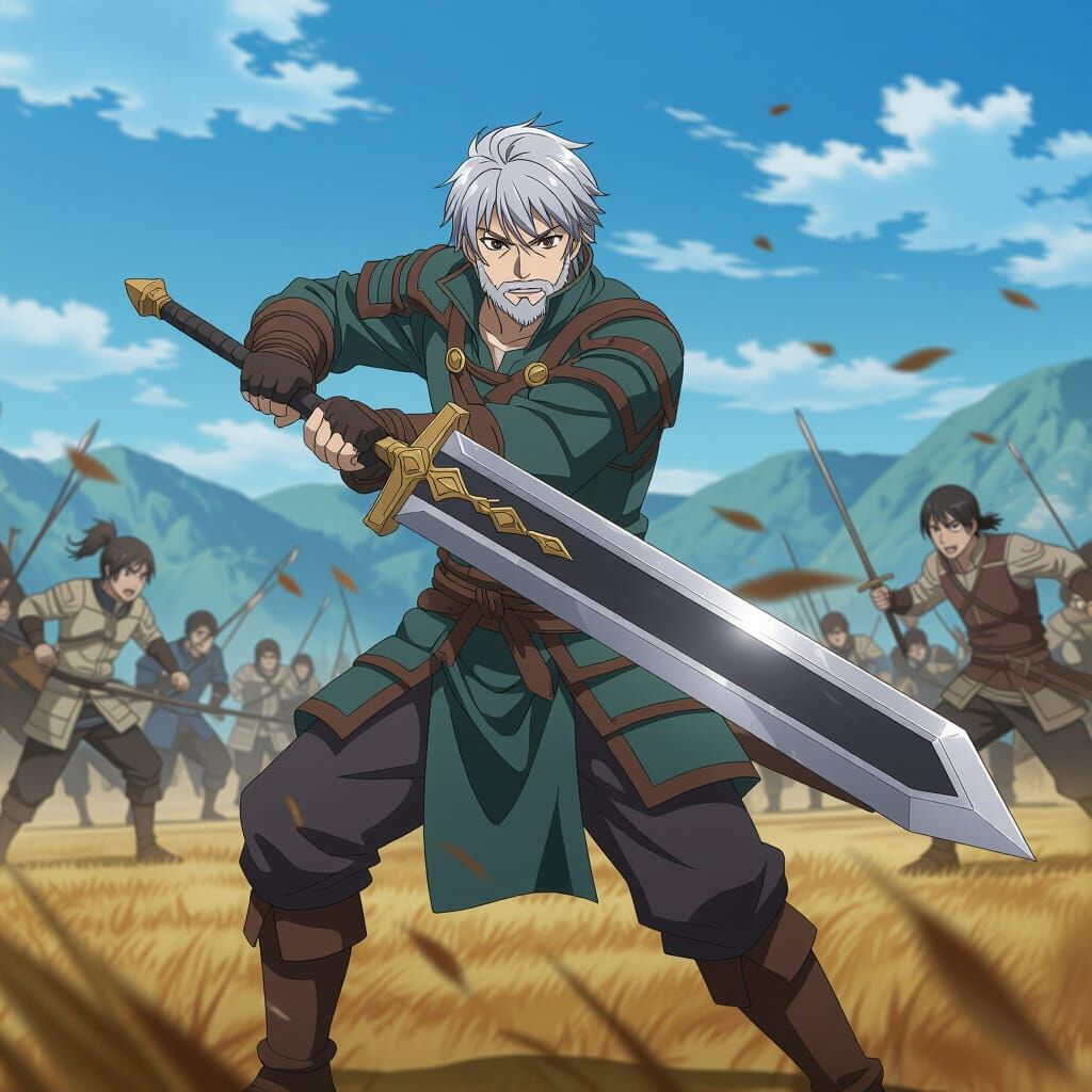 Anime Warrior with Sword on Battlefield