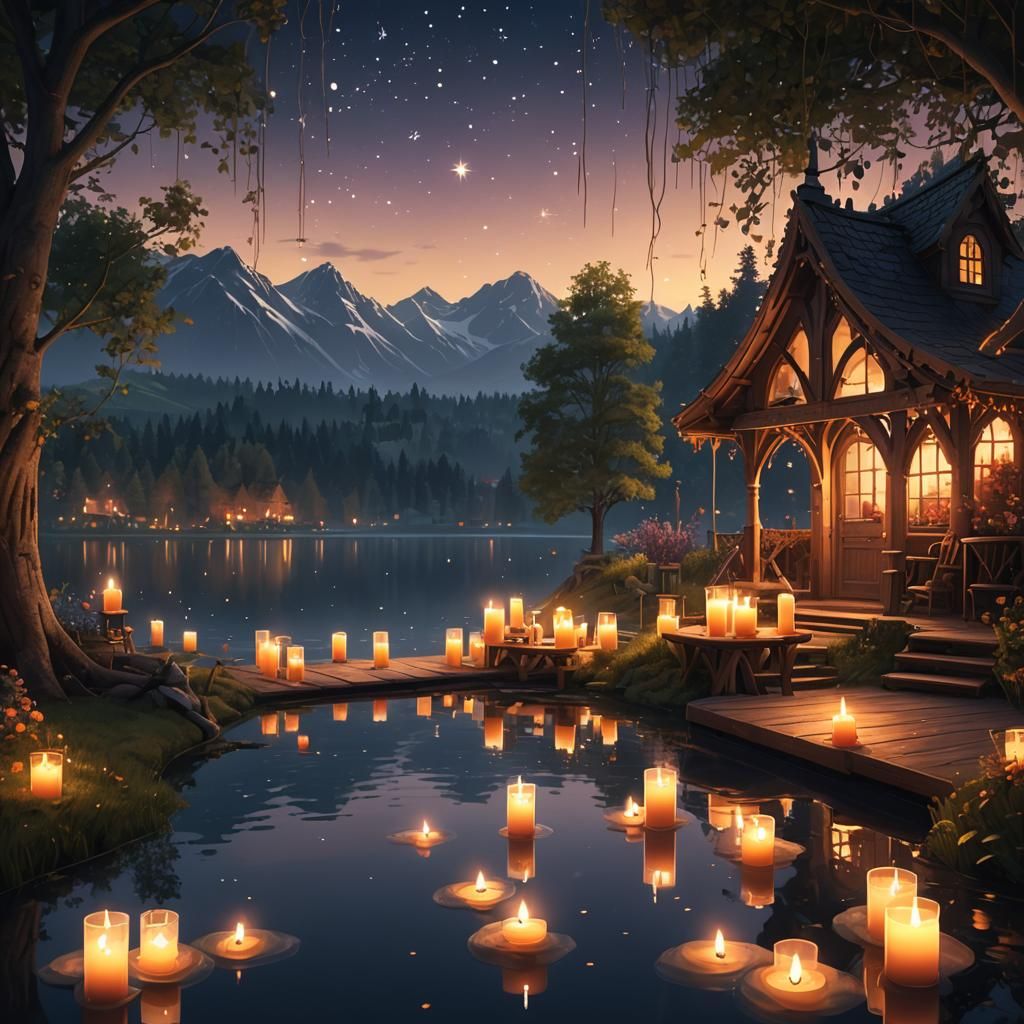 Candlelit Romantic Lake Scene Digital Painting