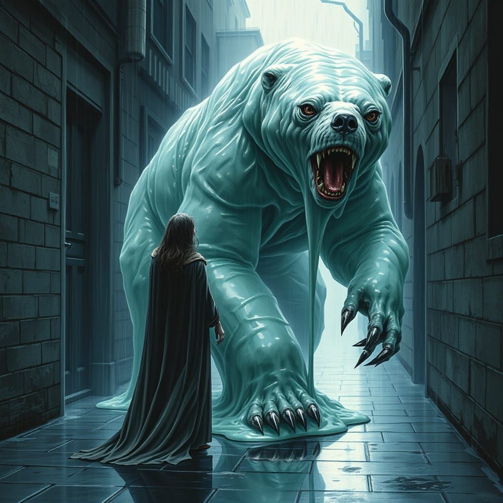Woman Encounters Slime Bear in Dystopian Alley