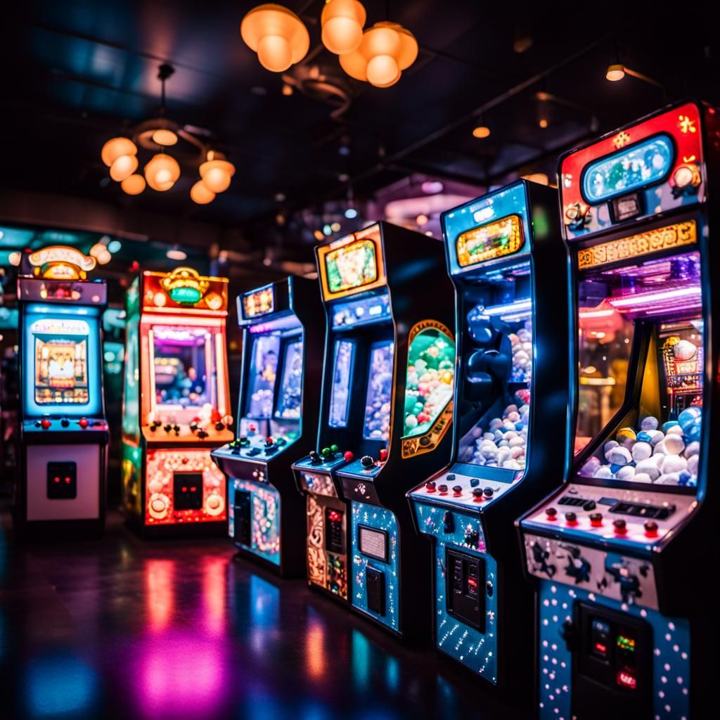 Retro Gaming Arcade with Penguin Claw Machine